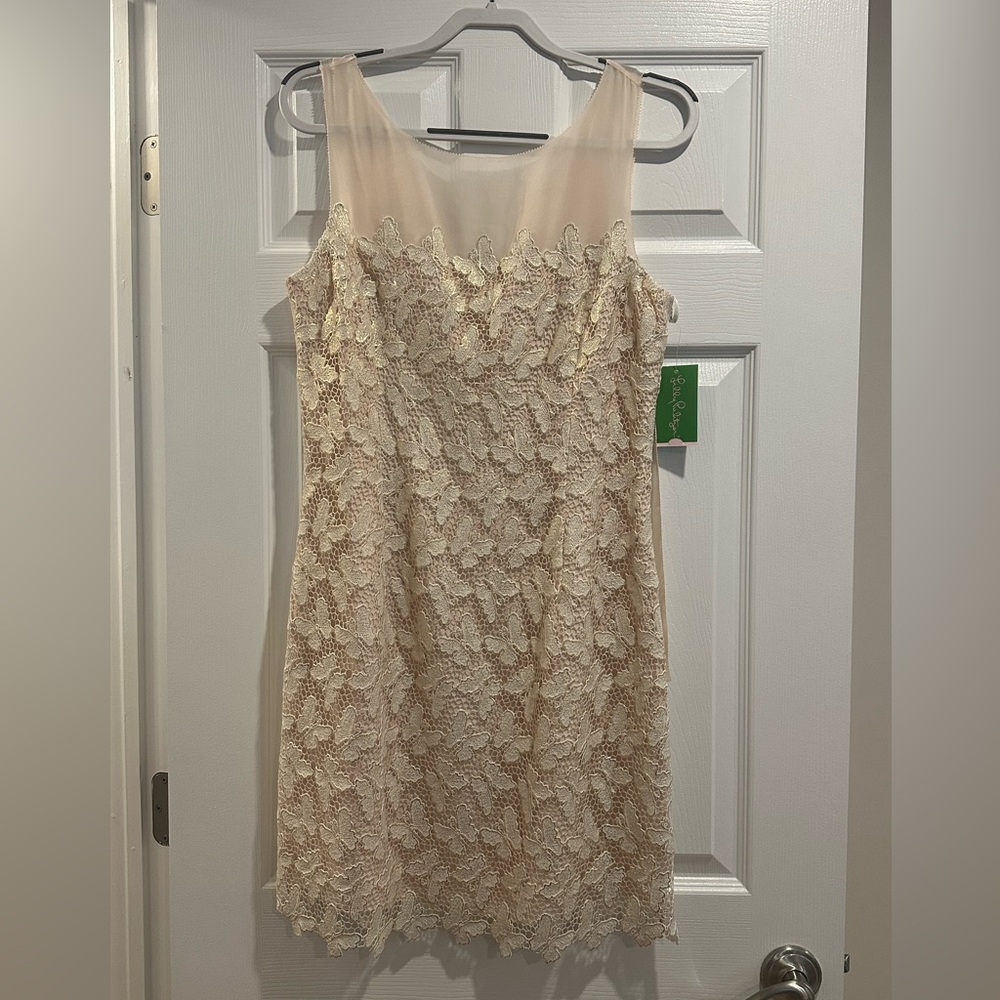 Women’s Lilly Pulitzer, Size 12, Fulton Dress Gold Metallic Papillon Lace